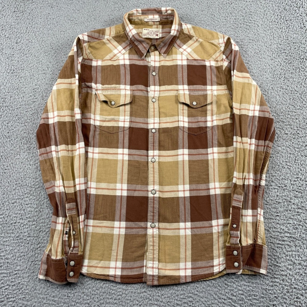Lucky Brand Shirt Mens M Brown Plaid California Fit Western Pearl Snap LS